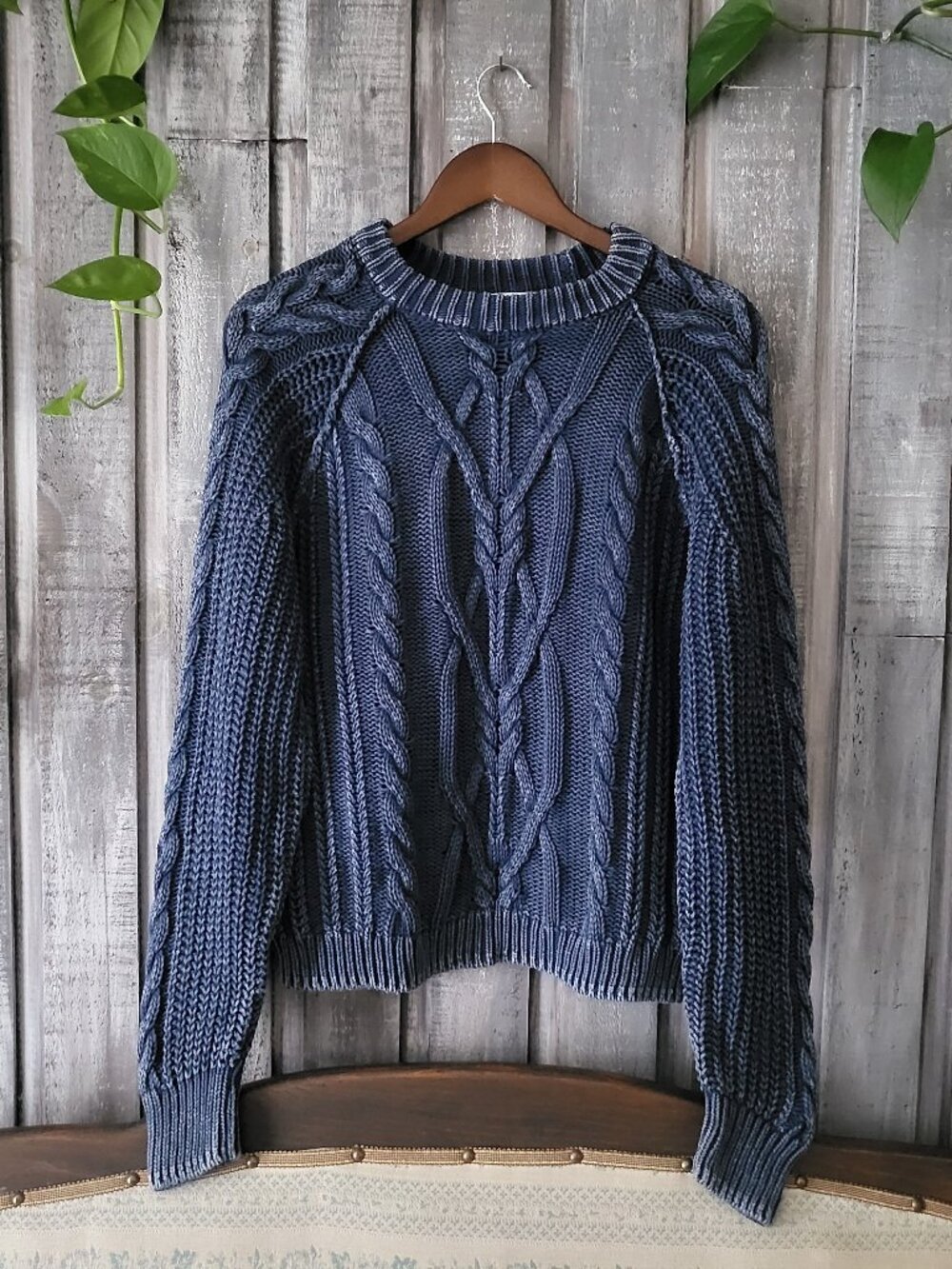 Cable Knit Chunky Sweater 100% Cotton Blue Acid Wash L